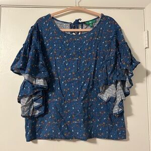 Dip Blue Floral Blouse with Flowy Sleeves